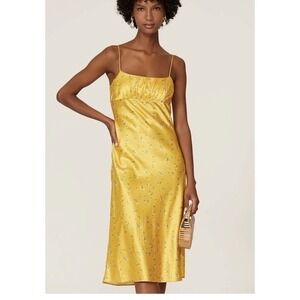 KOURT Womens Small Yellow Floral Midi‎ Dress Spaghetti Strap Summer Chic Office